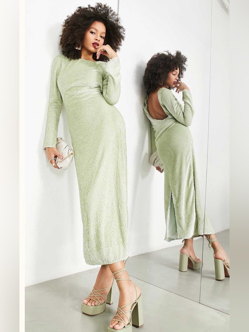 Asos Sequin Long Sleeve Drape Open-Back Maxi Dress in Sage Green with Slit